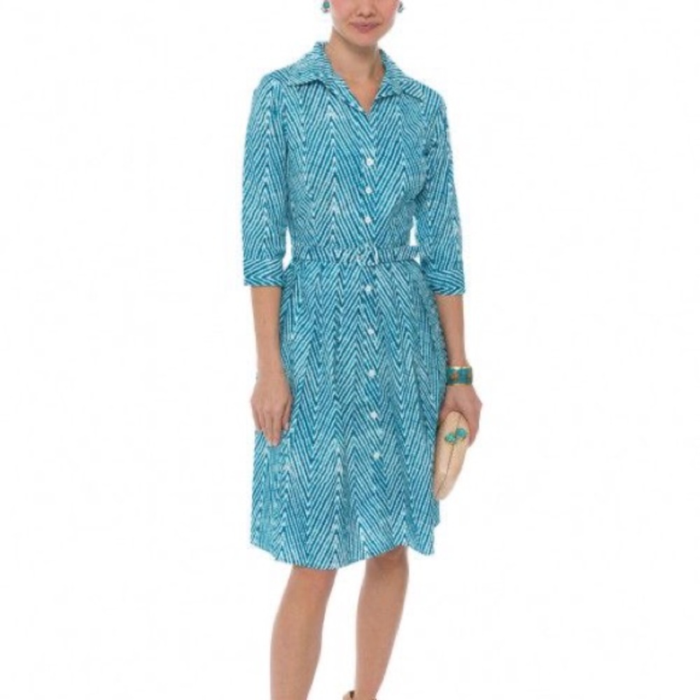 Samantha Sung Audrey White Aqua Herringbone Dress